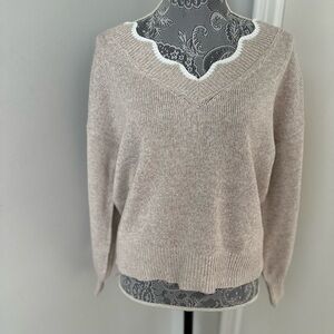 EUC Women’s Sz: S Oversized Tan Ribbon Tie Back Scalloped Collar Sweater.